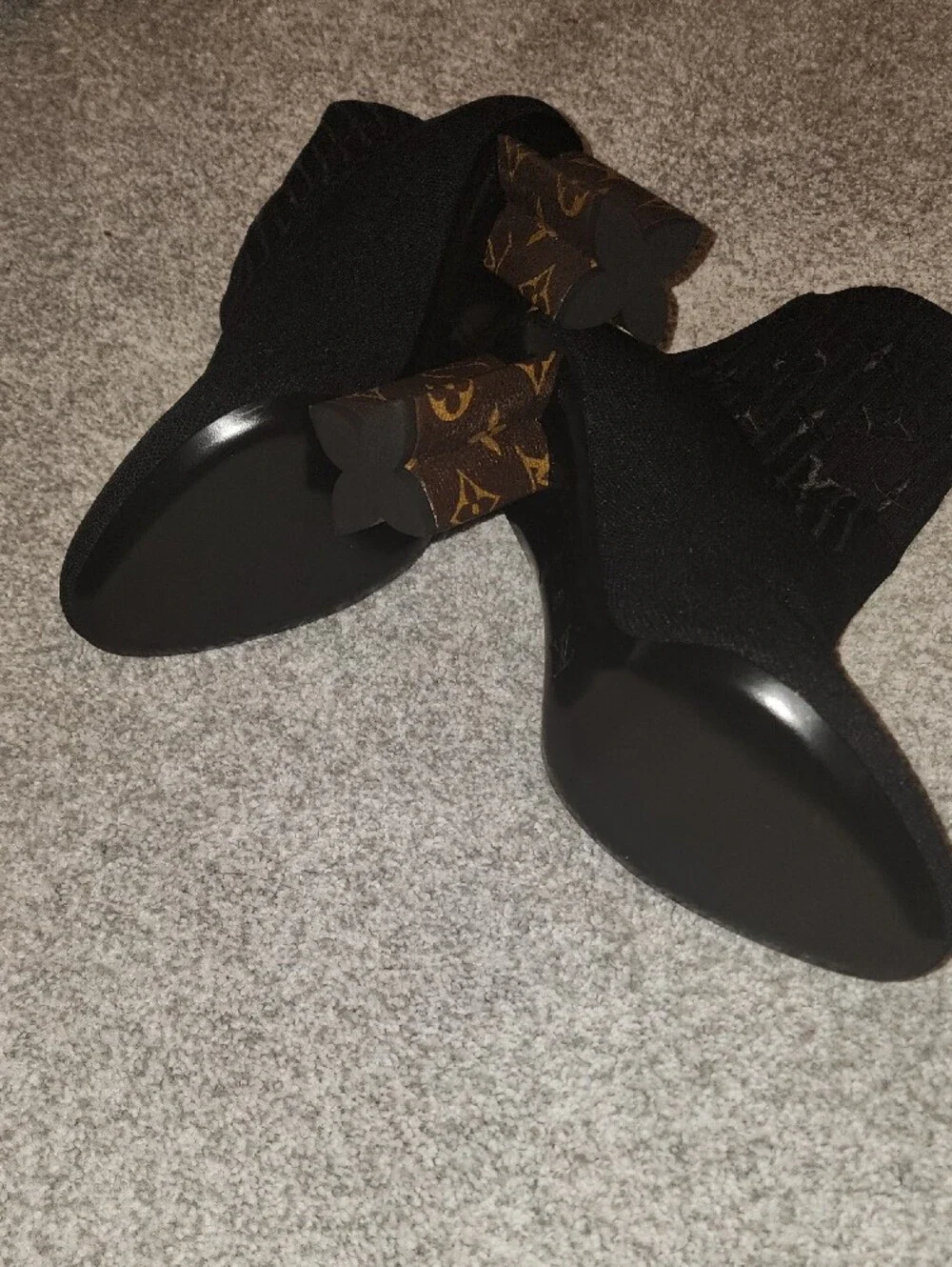 Louis Vuitton Black Knit Monogram Ankle Booties with Monogram Block Heels